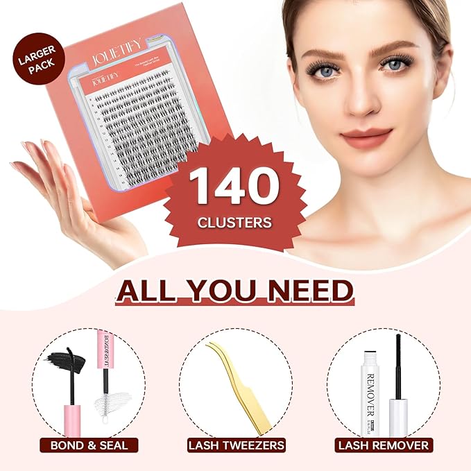 JOLIETIFY Lash Extension Kit, Natural Style, Faux Mink 8-16mm Cluster Lashes, BareLook, Soft & Fluffy, Waterproof Bond & Seal, Reusable Individual Lashes with Tweezers & Remover Tool, Easy to Apply