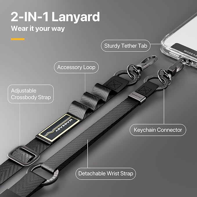 MAGEASY 2-IN-1 Cell Phone Lanyard Crossbody + Wrist Strap with Phone Tether Tab & Accessory Loop & Keychain Compatible with iPhone Most Smartphones | Click and Go Strap for Travel Anti Theft (Black)