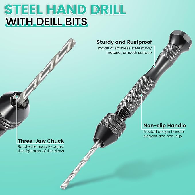 Hand Drill Set for Resin Crafts, Pin Vise Jewelry Making Kit with 10 Drill Bits, 600 Eye Screws, 15 Keychain Rings – Push Drill Tool for Epoxy, Molds, DIY Projects (Pin Vise Hand Drill Set - 1)