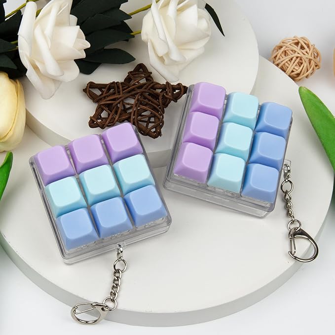 2 Pack 9 in 1 Keyboard Fidget Toy, Keyboard Fidget Keychain Anti-Stress Keyboard Decompression Button Finger Clicker Toys Stress Relief Fidget Gifts (Blue,Purple)