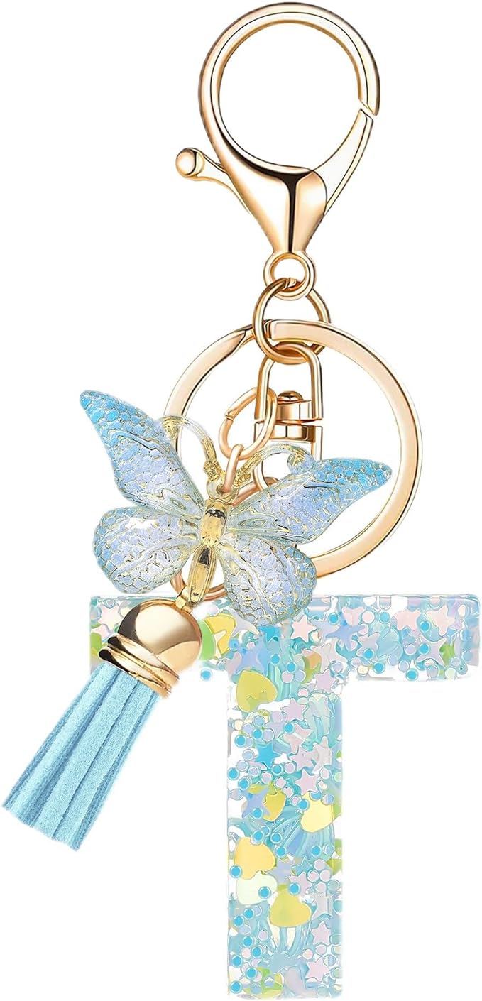Fashion Alphabet Initial Letter Keychain Tassel Butterfly Pendant Key Ring for Purse Handbags Women Girl