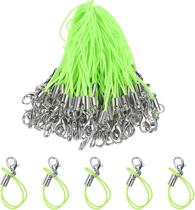 HARFINGTON 100Pcs Clasp Cords Clasp Strap Lanyard Charm Short Finger Rope with Lobster Clasp for Cellphone Cases Keychain DIY Jewelry Making, Yellow Green