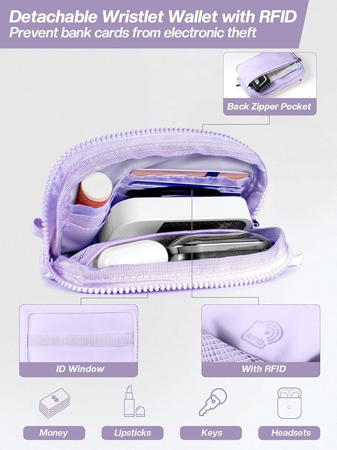 Clip and Go Strap for Phone with Wallet Crossbody Phone Lanyard Adjustable and Detachable RFID Wristlet Wallet with ID Window and Zipper, Purple