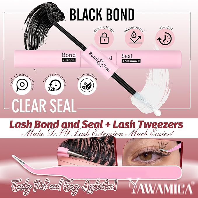 Yawamica Lash Extension Kit Wispy Volume Lash Clusters 40D+50D+60D Individual Lashes 10-18mm Eyelash Extension Kit D Curly 300pcs Eyelash Clusters with Waterproof Lash Bond and Seal and Lash Tweezers