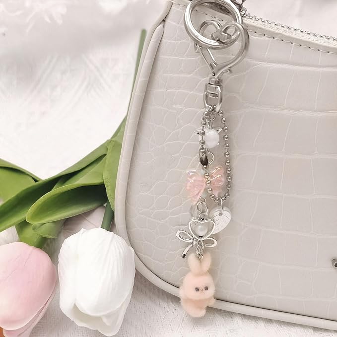 Cute Pink Keychain,Fuzzy Cat Keychain Aesthetic Y2K KeychainStylish KeychainsAccessories