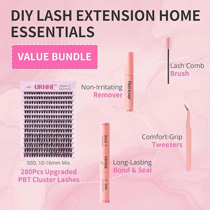 DIY Lash Extension Kit, 280 PCS Lash Clusters, 50D Eyelash Extension Kit, 9-16MM Individual Eyelashes Kit with bond, seal, Remover, Tweezers for Eyelash Extensions by URNNE