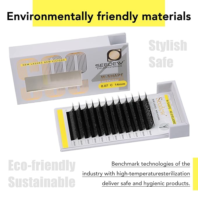 SEEDEW 4D Lash Extensions, 0.07mm D Curl 10mm 12 Rows/Tray, W Shape Flat Stem, Korean PBT Volume False Eyelashes Grafting for Beginner Artist, Lash Tech, Beauty Salon(4D-Matte Black-0.07-D-10mm)