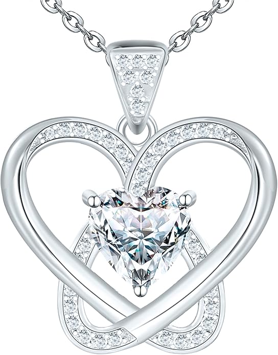 Yuelove Infinity Necklace for Women, 925 Sterling Silver Heart Necklace with 5A Zircon, White Gold Plated Adjustable Chain, Gift for Valentine's Day, Birthday, Anniversary for Wife, Girlfriend, Mom
