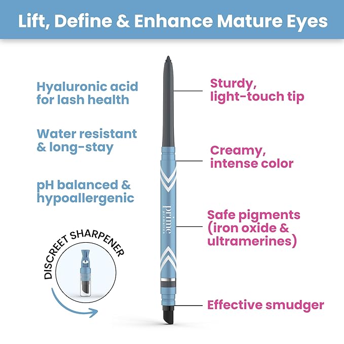 PRIME PROMETICS PrimeEyes Glide Eyeliner for Mature Women – Waterproof, Long-Stay and Mess-Proof – Gel Creme Texture, Discreet Sharpener and Effective Smudger (Emerald)