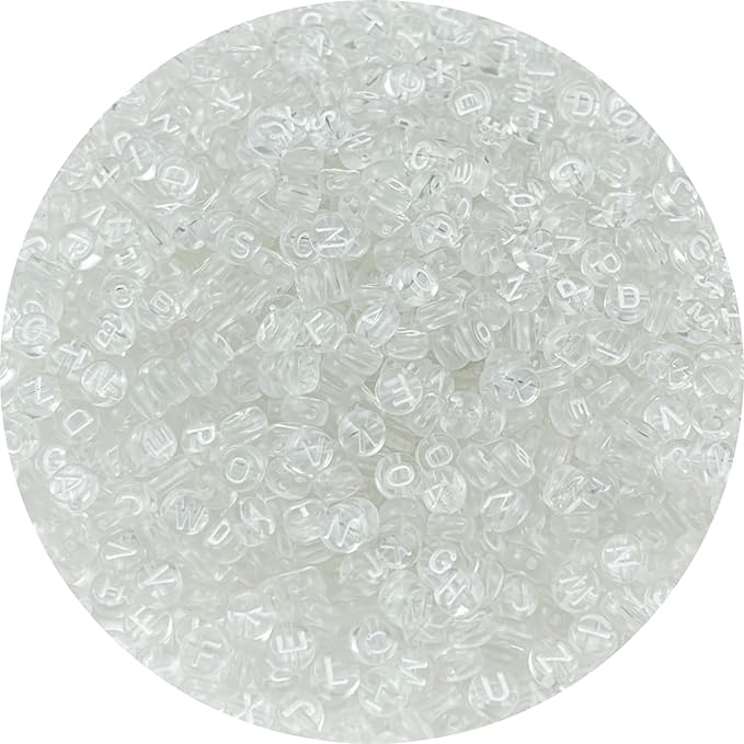 1000pcs Round Letter Beads 4x7mm Acrylic Alphabet Beads Spacer Beads for Jewelry Making Bracelets Necklace Earring Key Chains DIY Craft(J-White Letter Transparent Bead)
