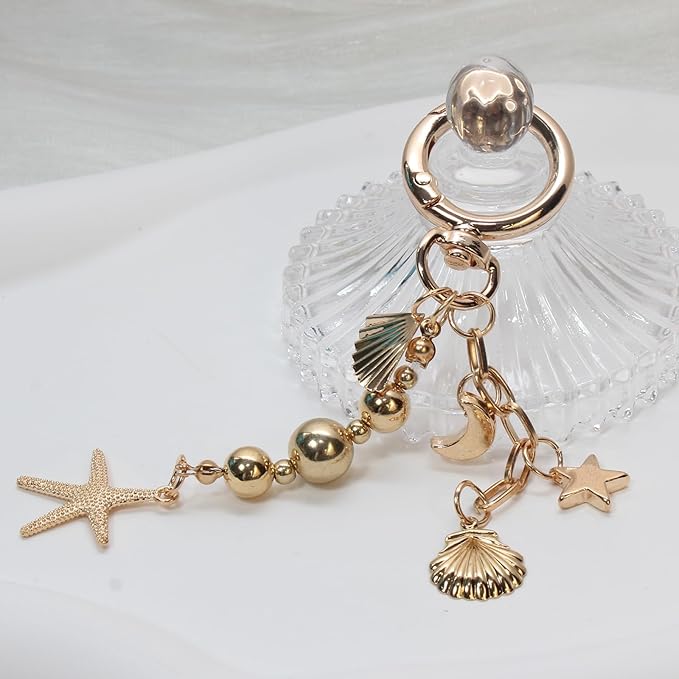 Pearl Beaded Keychain Charms, Cute Purse Charms for Handbags, Gold Starfish Keyring for Women, Heart Star Moon Shell