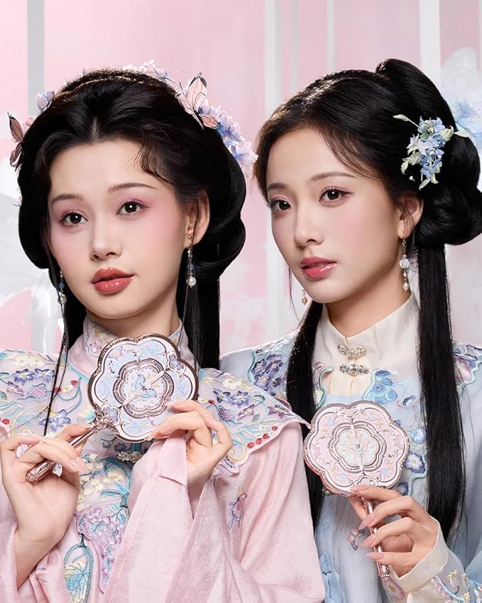 Flower Knows Butterfly Cloud Collar Hand Mirror,Vintage Chinese Round Fan Design,Fancy & Pretty Princess Handheld Mirror with Long Handle,Gift for Girls & Women(Lotus Pink)