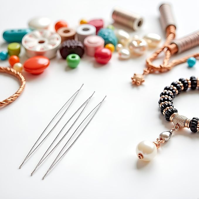 5 Pcs Jewelry Beading Needles -Stainless Steel Jewelry Bead Needles, Big Opening Flexible Eye Beading Needles for String Seed Waist Beads Bracelet Wire for DIY Craft, Earring,Necklace