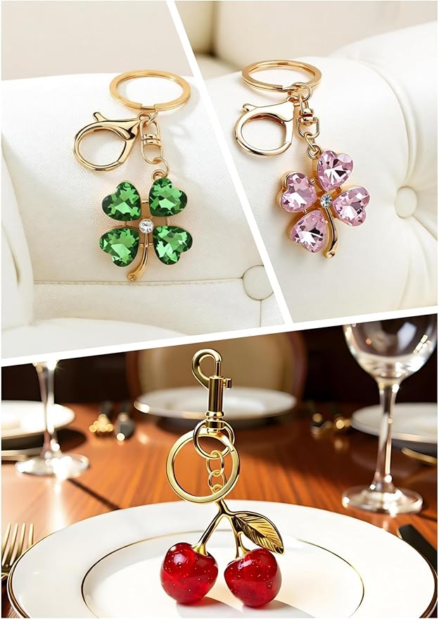Four Leaf Clover Cherry Bag Charm Keychain,Cute Cherry Purse Charm,Clover Handbag Keychain,keyring for Women 3pcs