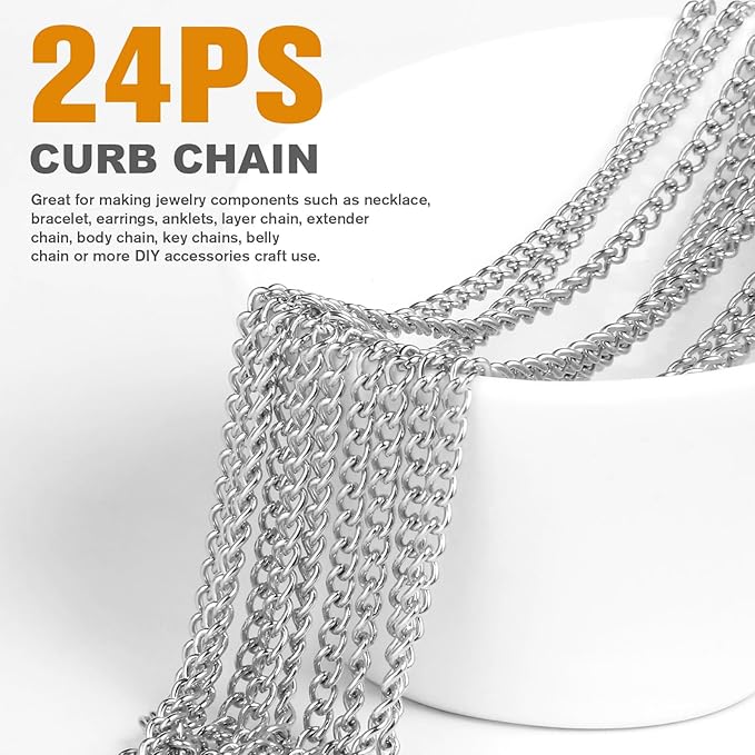 Cadikez 24PCS Stainless Steel Curb Chain Necklace Bulk, 2mm 18inch Stainless Steel Finished Flat Twisted Link Chains for Necklace Jewelry Making