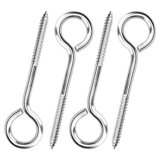 Aovchei Eye Screws, 4 Pcs 6 Inch Long, 304 Heavy Duty Stainless Steel Screw Hooks, Rust-Resistant Self Tapping Eyelet Bolts for Wood, Securing Cables Wires, Indoor & Outdoor for Hanging Artwork