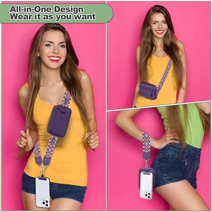 Clip and Go Strap for Phone with Wallet Crossbody, Adjustable Phone Lanyard with Detachable RFID Wristlet Wallet, Pattern Strap, Dark Purple(M)