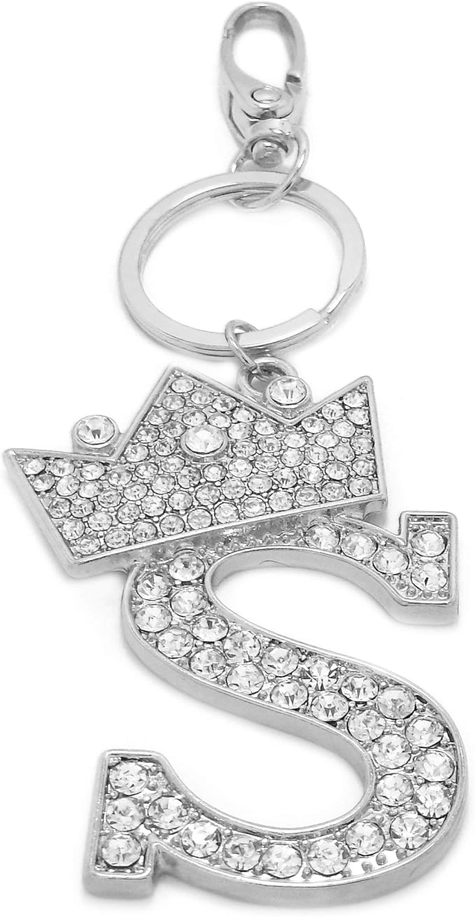 CBC Crown Crystal Rhinestone Letter Initial Keychain, Gold Metal, Bag Charm with Key Ring Approx. 2.17" x 2.56"
