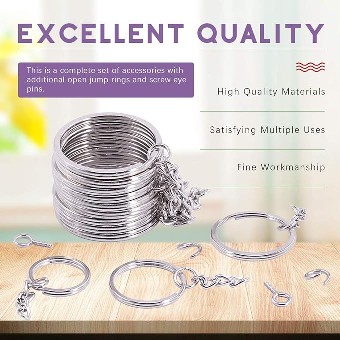 Swpeet 300Pcs Sliver Flat Key Chain Rings Kit, 100Pcs Keychain Rings with Chain and 100Pcs Jump Ring with 100Pcs Screw Eye Pins Bulk for Jewelry Findings Making - 4/5 Inch, 1 Inch, 6/5 Inch, 7/5 Inch