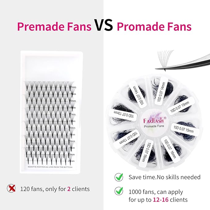 Lash Extension 1000 Fans/Tray Mixed Premade Fans Eyelash Extensions D Curl Promades Eyelash Volume Lash Extensions Loose Fans Pre Made Volume Lashes Pointed Base (10D-0.07D, 13-16mm)