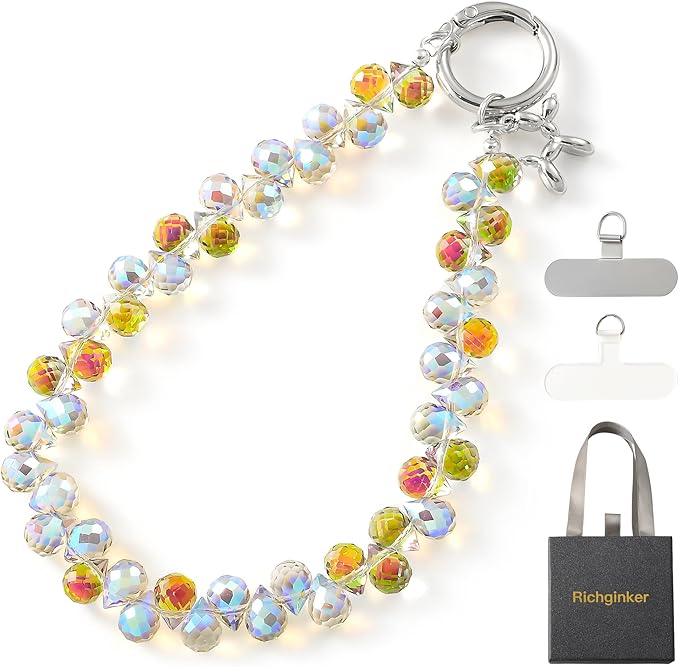 Crystal Phone Wrist Strap Phone Charm Chain Keychain Beaded Cellphone Lanyard with Tether Tab Hands-Free Wristlet Bracelet Wrist Grip Strap for Women, D-Rainbow