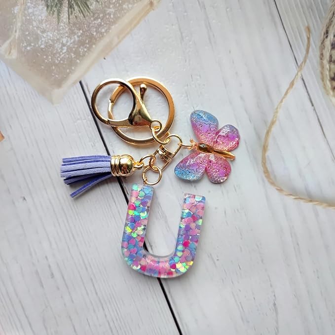 Cute Initial Letter Keychains for Women Girls Tassel Butterfly Pink Purple Green Keychain for Backpack School Bag