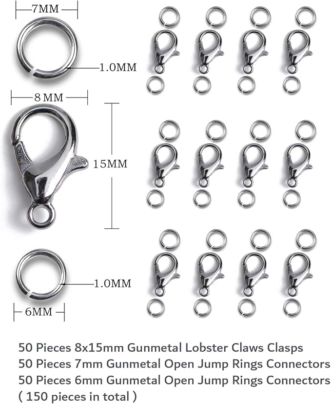 AD Beads 50 Pieces Lobster Claws Clasps Plus 100 Pieces 7mm Open Jump Rings Suitable for Necklace Bracelets Jewelry (8x15mm, Gunmetal)