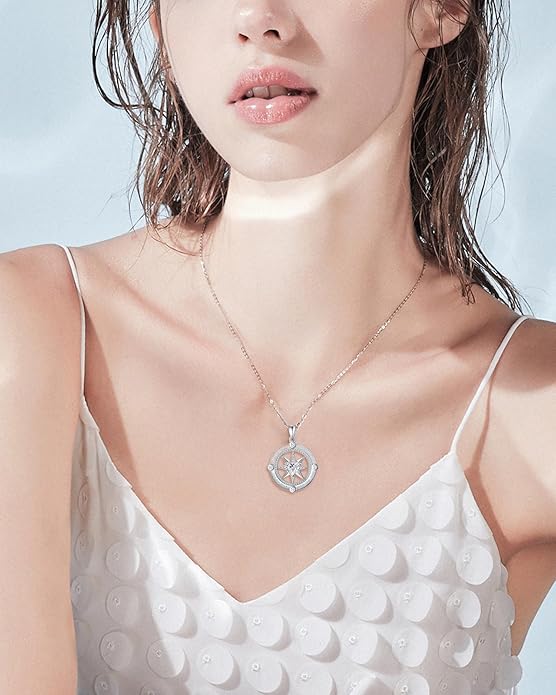 FANCIME Compass Necklace for Women Sterling Silver Compass Jewelry Opal Pendant Fine Jewelry Gemstone Birthday Christmas Gifts for Wife