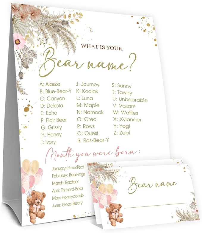 Bear Birthday Decorations, Bears Theme Birthday Party Decoration Sign for Boys Girls,Kids Activity Cards, What's Your Bears Name Game, Activity Decoration Supplies
