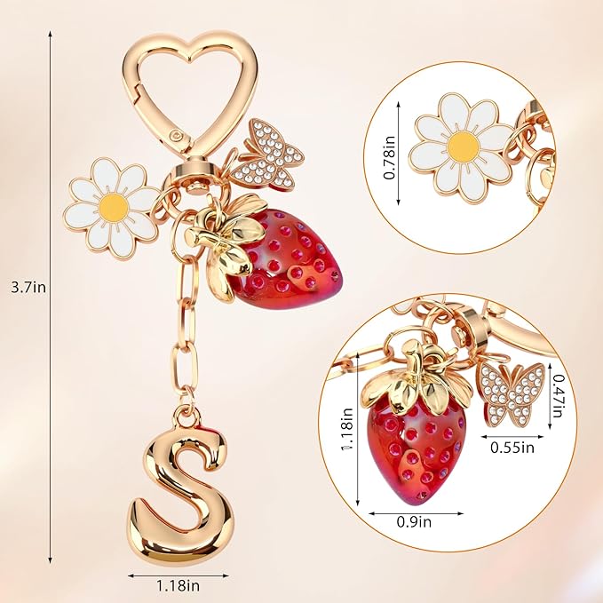 Strawberry Initial Keychain for Women-Cute Kawaii Gold Alphabet Bag Charms, Key chain Gift for Purse Handbag
