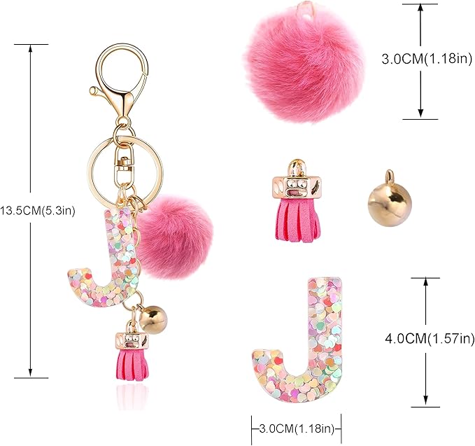 Resin Alphabet Initial Letter Keychain Keyring for Women Purse Handbags With Fur Ball Pom