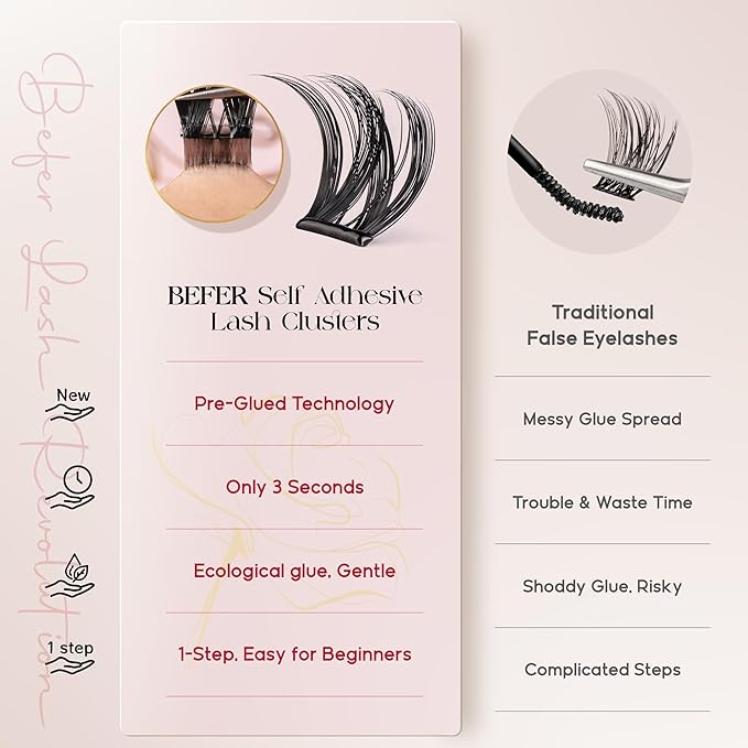 BEFER Self Adhesive Eyelashes Clusters, D Curl 10-16MM Pre Glued Lash Natural Look No Glue No Remover Needed Reusable Lashes Press on Eyelash Clusters Easy for Use DIY at Home(TYB102,Velvet)