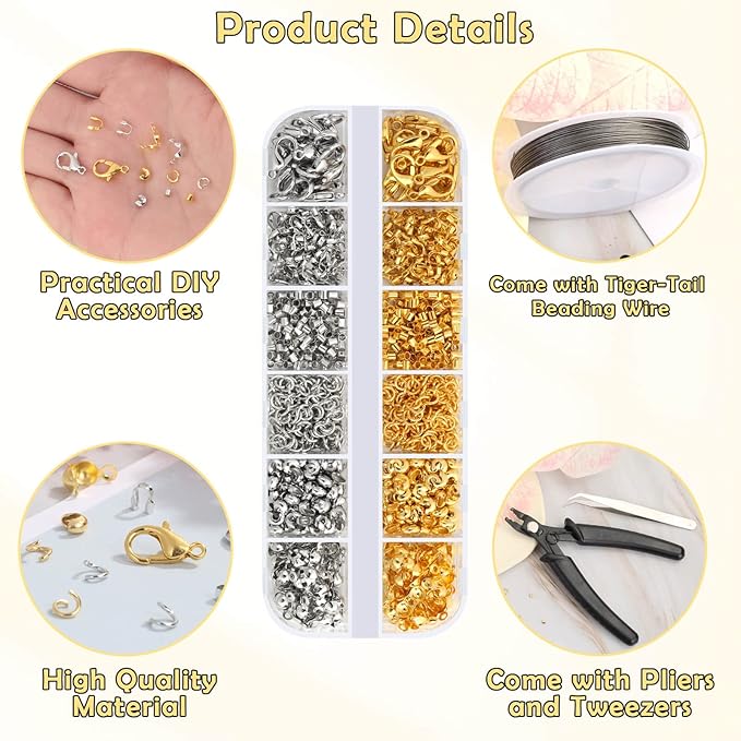 1200 Pcs Crimp Beads Kit for Jewelry Making, Acejoz Crimp Beads, Crimp Covers, Crimp Tubes and Wire Guardians, Lobster Clasps, Jump Rings, Crimping Pliers and Beading Wire for Jewelry Making