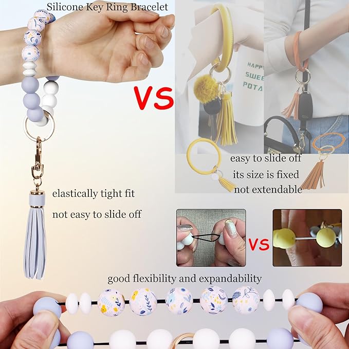 BIHRTC Key Ring Bracelet Car Keychain Holder Wristlet Silicone Women Beaded Bangle Chains