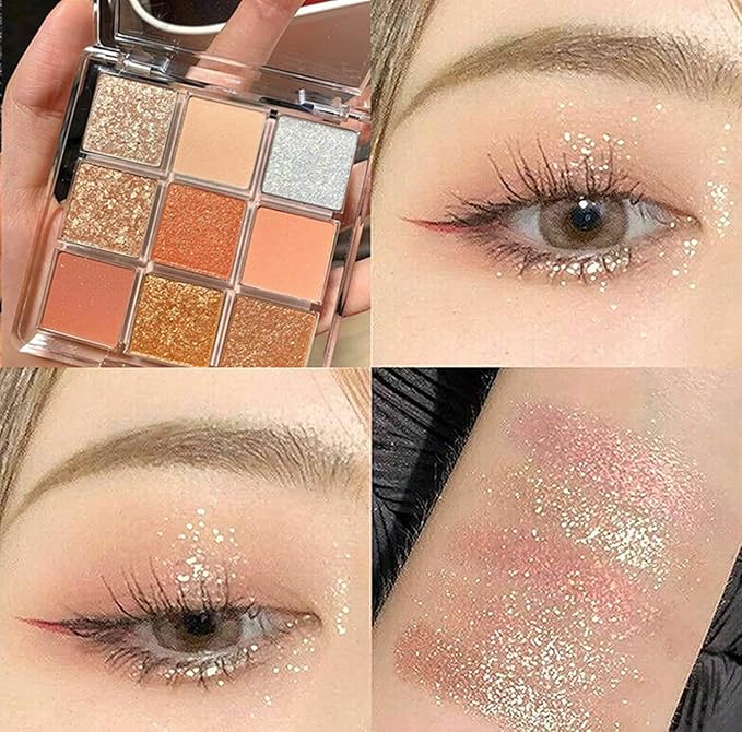 Kayswang 9 colors glitter eyeshadow palette makeup palette matte high pigment color cream texture natural eye shadow powder eye shadow palette in autumn winter long lasting waterproof (pink+orange)
