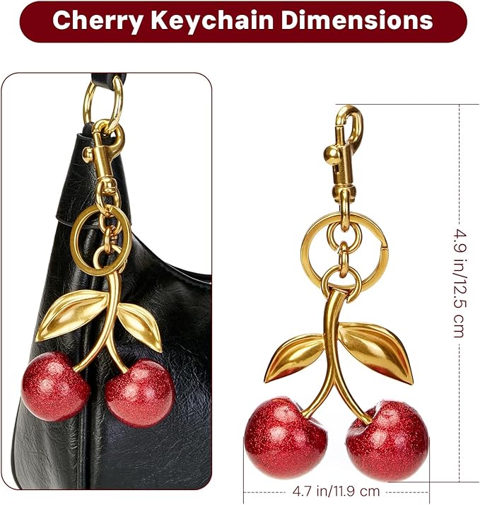 YDF Cherry Keychain Cute Bag Charm Women Leather Keyring Car Keys Gift Mother's Day Birthday Valentine's Purse Accessory
