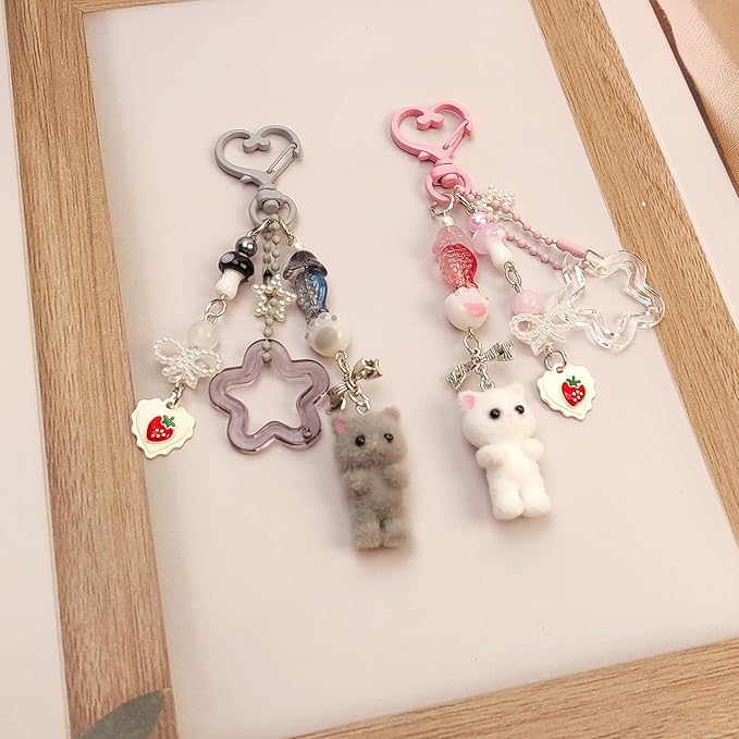 Cute Pink Keychain,Fuzzy Cat Keychain Aesthetic Y2K KeychainStylish KeychainsAccessories