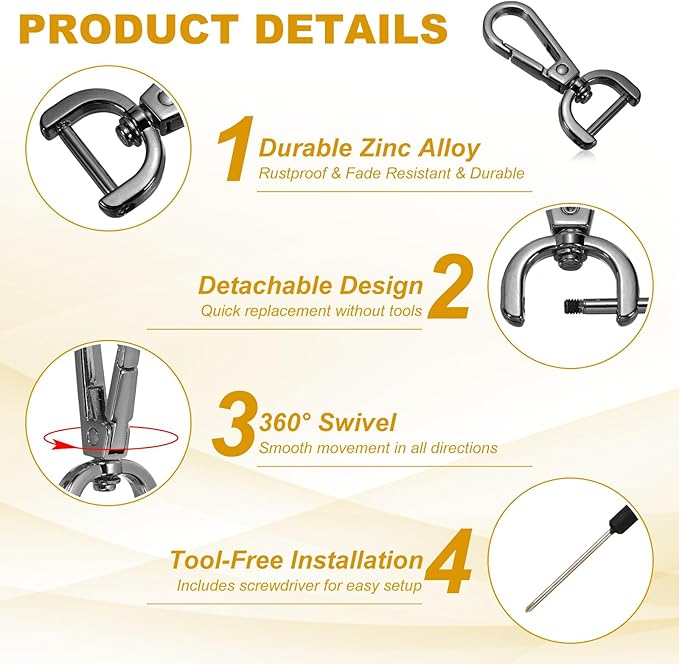 YELARXI Swivel Clasps Hook, 5/8 Inch ID Detachable Snap Hook W/Screw Bar D Ring Claw Clasp with Screwdriver Fit for Lanyard Bag Leather Craft Purse Hardware DIY Bag (4 Pack, Black)