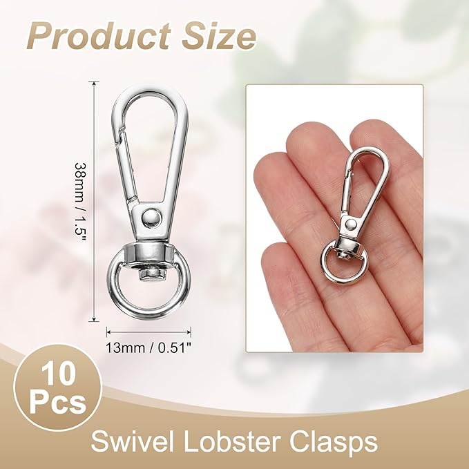PATIKIL Swivel Lobster Claw Clasps 10pcs Push Gate Snap Hook Metal Trigger Clips Purse Hardware for Keychains Purse Handbag Makings DIY Crafts, Silver White