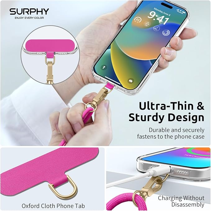 SURPHY Phone Lanyard Crossbody, Adjustable Cell Phone Lanyard with 2 Pack Phone Tether Tab, Two-Color Braided Phone Strap (Hot Pink)