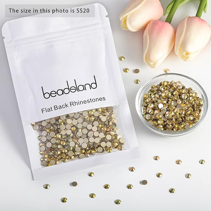 beadsland Flat Back Crystal Rhinestones Round Gems, Metal Sunlight (4.6-4.8mm) SS20/1440pcs