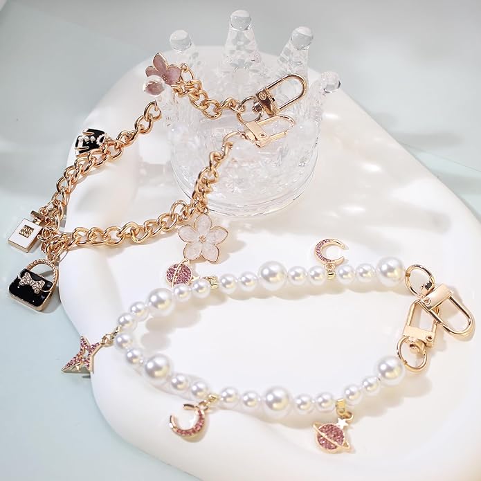 Pearl Beaded Phone Charm Wrist Strap,Cute Bracelet Wristlet Lanyard,Gold Double Chain for Phone Case,Purse Bag Wallet