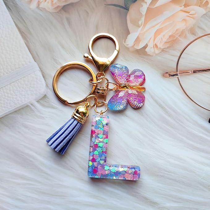 Cute Initial Letter Keychains for Women Girls Tassel Butterfly Pink Purple Green Keychain for Backpack School Bag