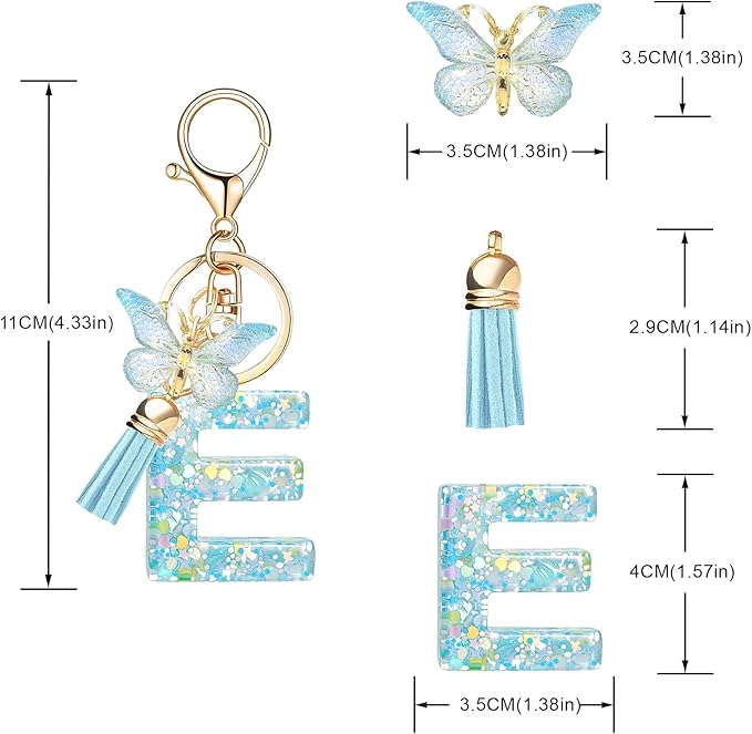 Fashion Alphabet Initial Letter Keychain Tassel Butterfly Pendant Key Ring for Purse Handbags Women Girl