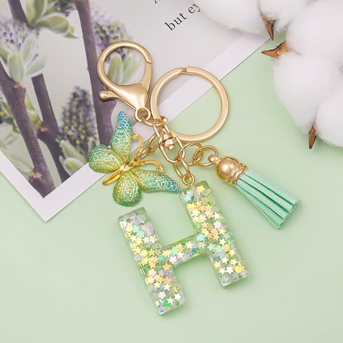 Fashion Alphabet Initial Letter Keychain Tassel Butterfly Pendant Key Ring for Purse Handbags Women Girl