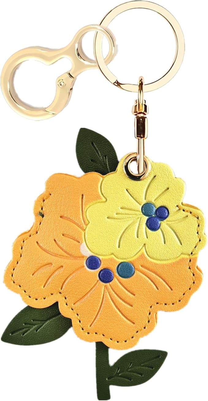 Leather Keychain Holder Case Compatible with AirTag,Cute Protective Apple Air Tag Cover with Keychain Ring,Anti-Scratch Finder GPS Tracker Case for Wallet Keys,bag,pets(Yellow Peach Blossom)