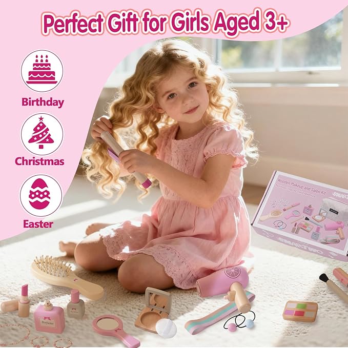 Wooden Makeup Toy Set for Toddler,Kids Pretend Play,Children Role Play Toys,Fake Cosmetics Salon Toys,Princess Dressup Accessories with Bag Birthday Gift for Girls 3 4 5 6