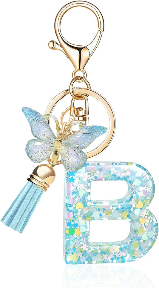 Fashion Alphabet Initial Letter Keychain Tassel Butterfly Pendant Key Ring for Purse Handbags Women Girl