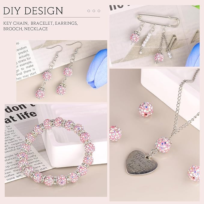 200 Pcs Pink AB Rhinestone Beads for Jewelry Making, Sparkle Crystal Clay Christmas for Bracelet Baseball Necklace Earring Crafting and DIY, Shiny Round Shamballa Disco Ball Beads Bulk