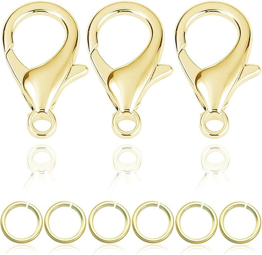 90Pcs Fadeless Lobster Claw Clasps (10mm) & Jump Rings for Jewelry Making, Necklace Bracelet Findings & Supplies (14K Gold Plated)